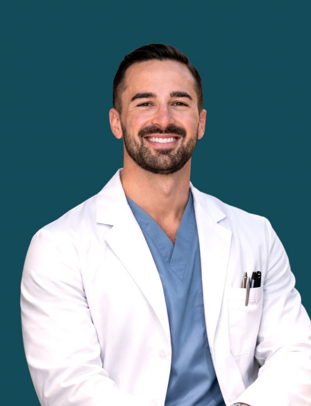 Dr. Clay Moss, MD in a white lab coat